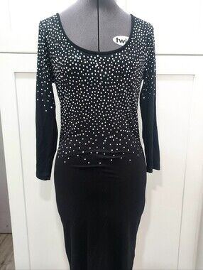 Reiss 1971 Black Rhinestone Body Con Scoop Neck Long Sleeve Dress